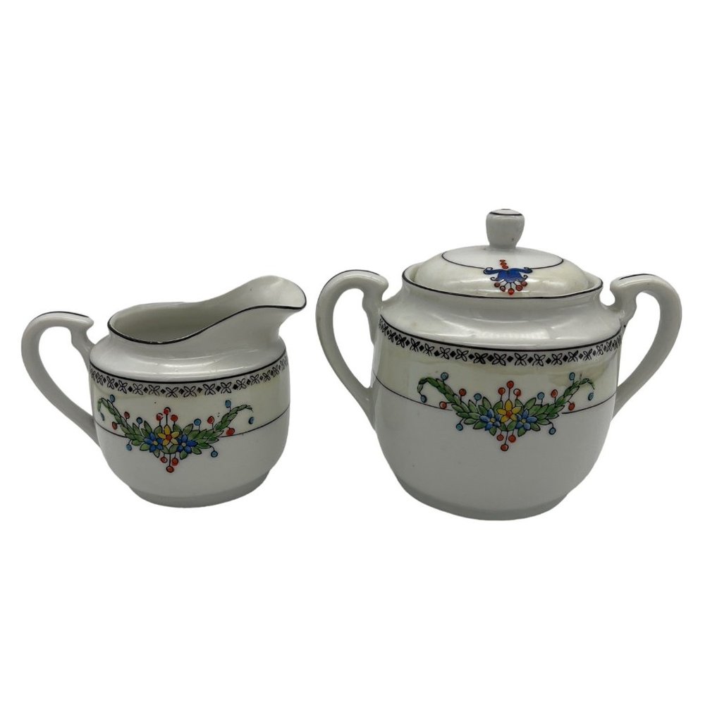 Hand Painted Trico Nagoya Japan China Sugar Bowl & Creamer Floral Pattern